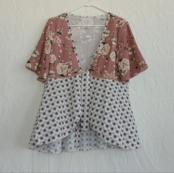 Sexy Kimono Blouse Tie Front Pink Patchwork Boho Western Flowy Floral Pastel MED - Picture 10 of 10